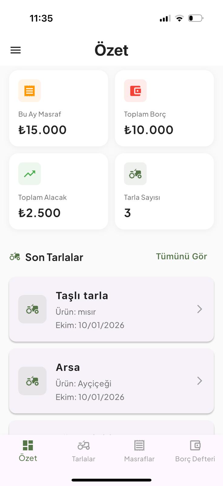 Çiftçi Defteri Uygulama Ekranı